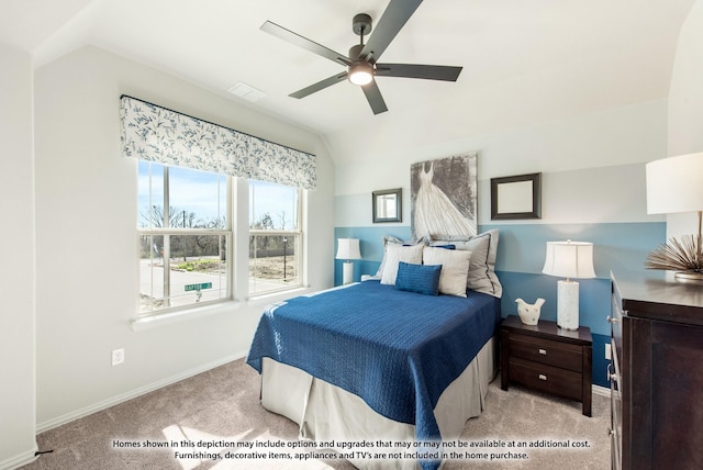 bedroom featuring lofted ceiling, light carpet, and ceiling fan