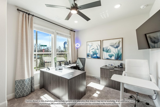 office featuring light colored carpet and ceiling fan