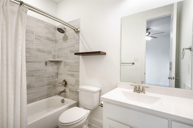 full bathroom with vanity, shower / tub combo, ceiling fan, and toilet