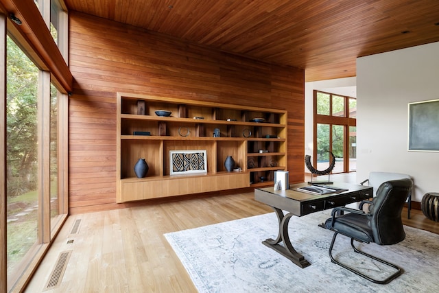 home office featuring wood ceiling, a wealth of natural light, and wood walls