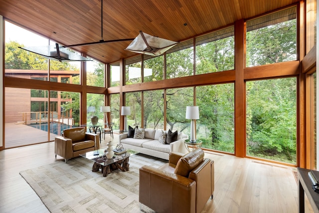 sunroom / solarium featuring plenty of natural light and wooden ceiling