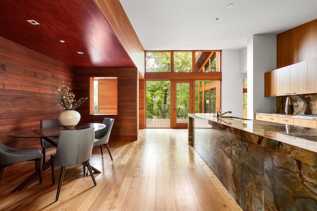 dining room featuring sink, wood walls, expansive windows, and light wood-type flooring