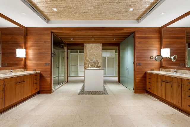 bathroom featuring vanity, a tray ceiling, and wood walls