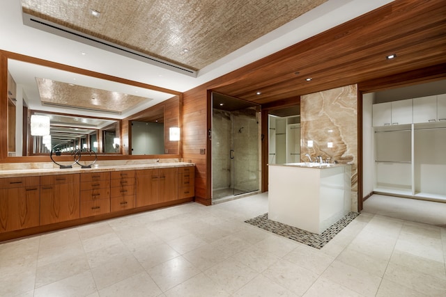 bathroom with walk in shower, vanity, and wooden ceiling