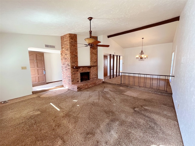 unfurnished living room with vaulted ceiling with beams, a fireplace, a textured ceiling, and carpet flooring