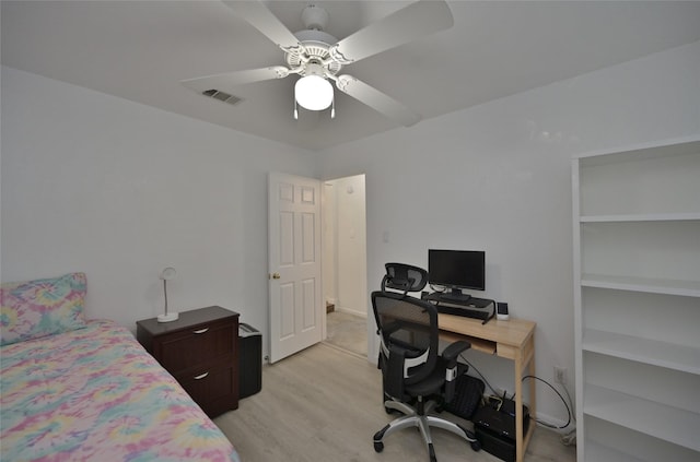 bedroom featuring light hardwood / wood-style flooring and ceiling fan