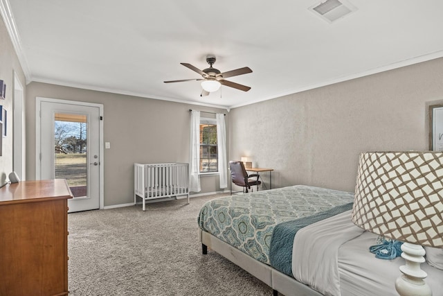 bedroom featuring access to exterior, crown molding, ceiling fan, and carpet