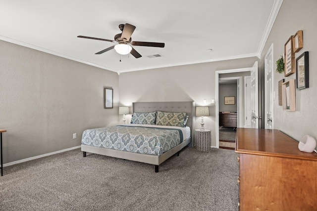 carpeted bedroom featuring ceiling fan and ornamental molding