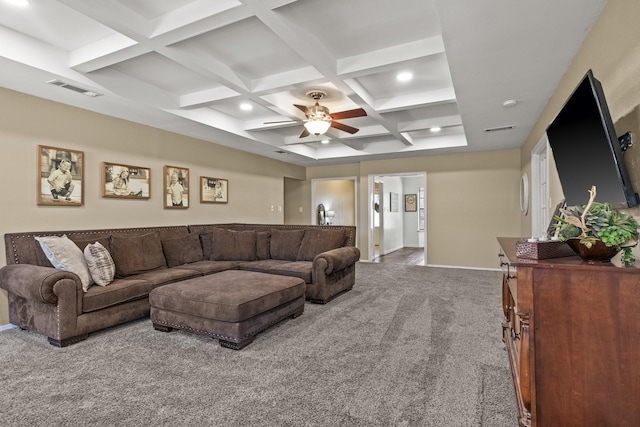 carpeted living room with beamed ceiling, coffered ceiling, and ceiling fan