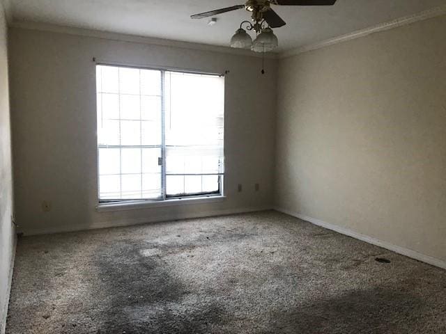 carpeted empty room with ornamental molding, plenty of natural light, and ceiling fan