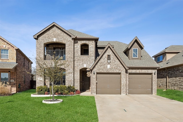 french provincial home featuring a balcony and a front yard