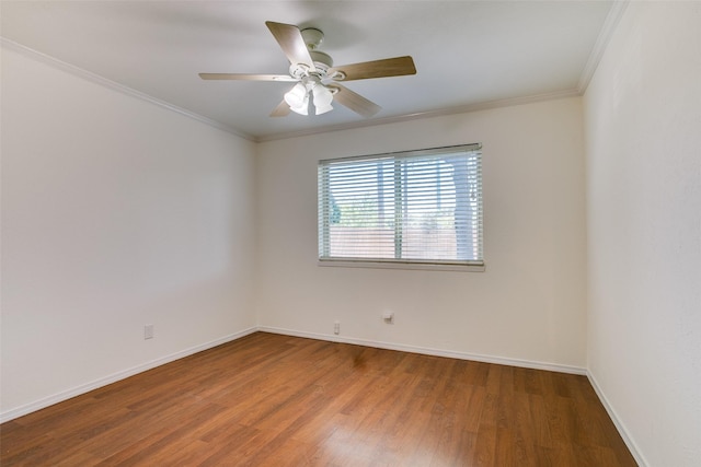 unfurnished room featuring ornamental molding, wood-type flooring, and ceiling fan