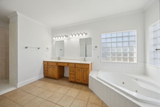 bathroom featuring vanity, ornamental molding, tile patterned floors, and tiled bath