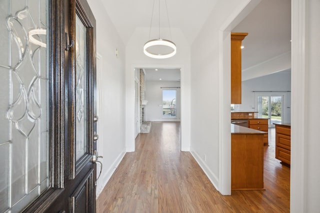 entrance foyer featuring lofted ceiling, a healthy amount of sunlight, a stone fireplace, and light hardwood / wood-style floors