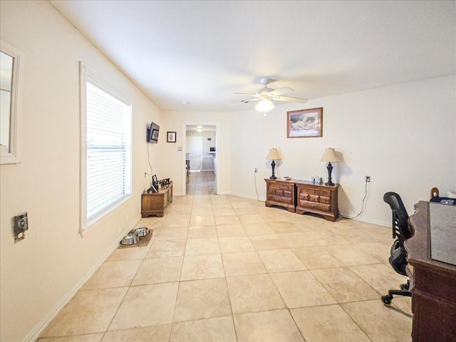 tiled office with ceiling fan