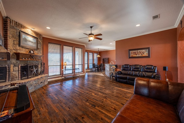 166 Cactus Dr, Decatur, TX 76234 - living area with crown molding, a ceiling fan, and visible vents