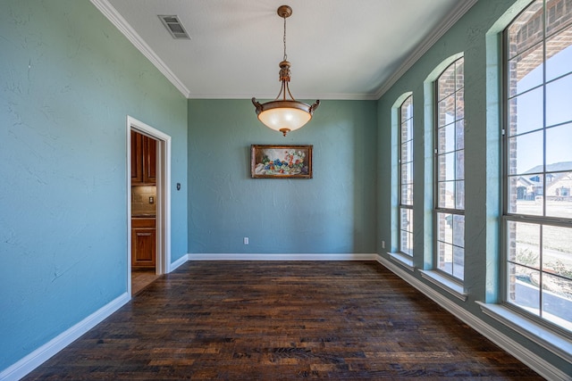 166 Cactus Dr, Decatur, TX 76234 - empty room with baseboards, ornamental molding, dark wood-style flooring, and visible vents