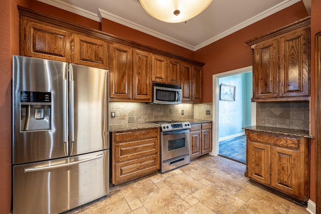 166 Cactus Dr, Decatur, TX 76234 - kitchen featuring crown molding, decorative backsplash, brown cabinetry, and stainless steel appliances