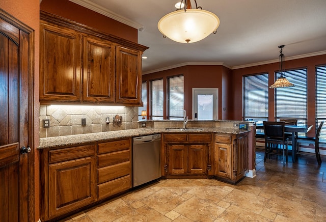 166 Cactus Dr, Decatur, TX 76234 - kitchen featuring stainless steel dishwasher, brown cabinetry, stone tile flooring, a peninsula, and a sink