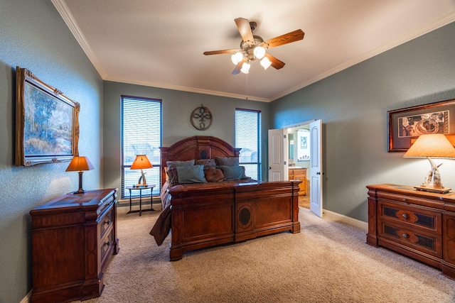 166 Cactus Dr, Decatur, TX 76234 - bedroom featuring a ceiling fan, baseboards, light carpet, and ornamental molding