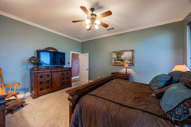 166 Cactus Dr, Decatur, TX 76234 - carpeted bedroom with visible vents, ornamental molding, baseboards, and ceiling fan