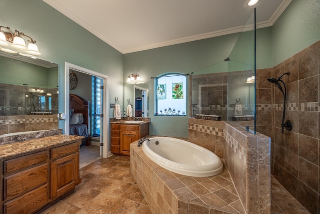166 Cactus Dr, Decatur, TX 76234 - ensuite bathroom featuring crown molding, a walk in shower, and a bath