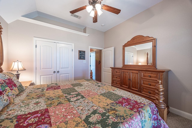 166 Cactus Dr, Decatur, TX 76234 - carpeted bedroom featuring baseboards, ceiling fan, a closet, and visible vents