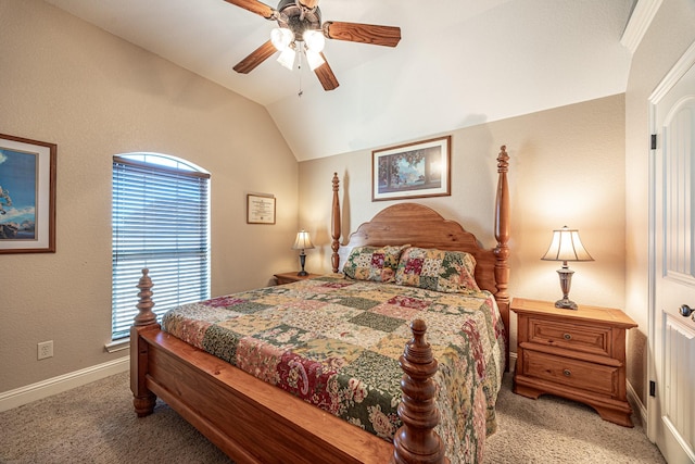 166 Cactus Dr, Decatur, TX 76234 - carpeted bedroom featuring baseboards, ceiling fan, and lofted ceiling