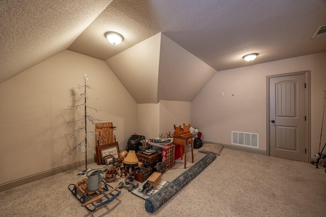 166 Cactus Dr, Decatur, TX 76234 - additional living space featuring vaulted ceiling, carpet flooring, a textured ceiling, and visible vents