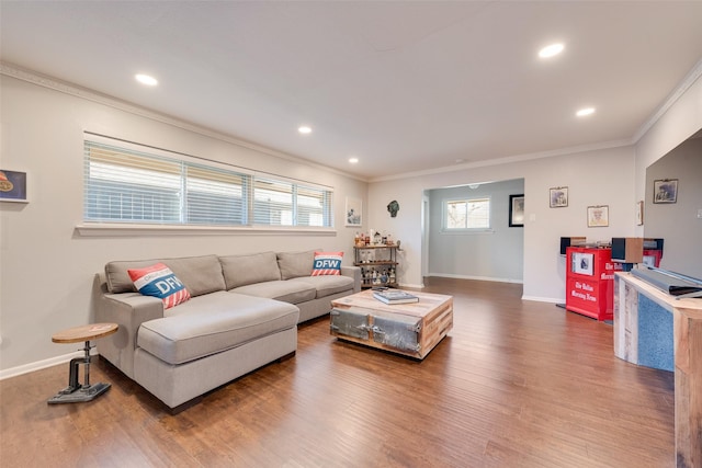 living room featuring dark wood-type flooring and ornamental molding