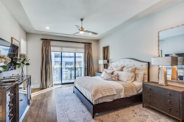 bedroom with access to exterior, ceiling fan, and light hardwood / wood-style floors