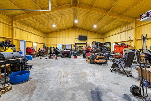 garage with a workshop area