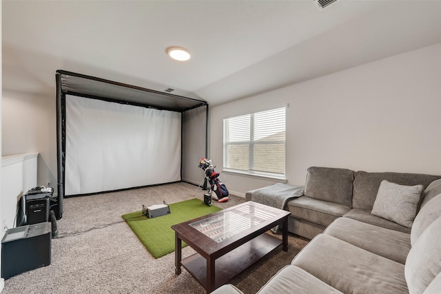 home theater with golf simulator, carpet flooring, and vaulted ceiling