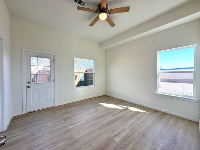 entryway with light hardwood / wood-style flooring and ceiling fan