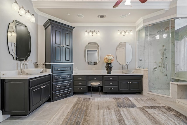 bathroom with tile patterned flooring, vanity, ornamental molding, and a shower with shower door