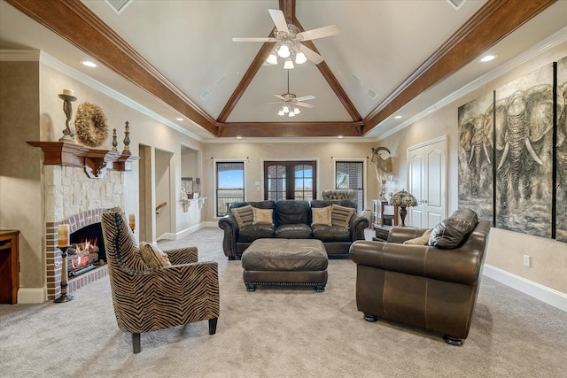 living room with light carpet, crown molding, and a fireplace