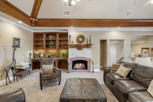 living room with crown molding, vaulted ceiling with beams, light carpet, and a fireplace