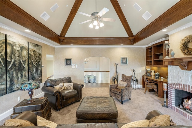 living room featuring ornamental molding, a fireplace, high vaulted ceiling, and light carpet