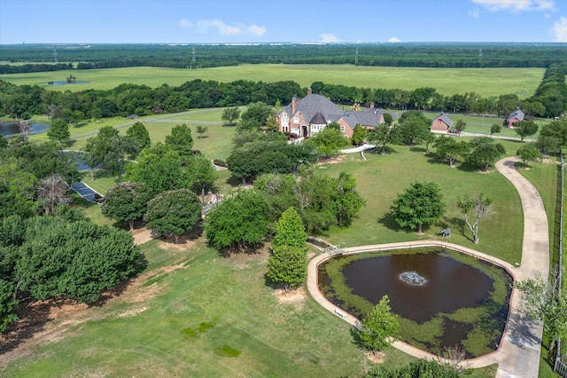 aerial view featuring a water view and a rural view