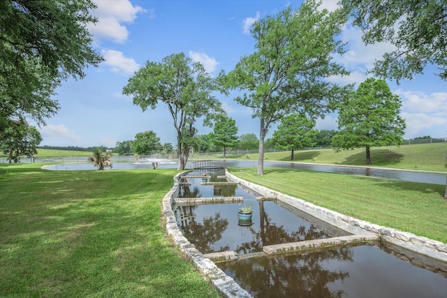 view of property's community featuring a water view and a yard