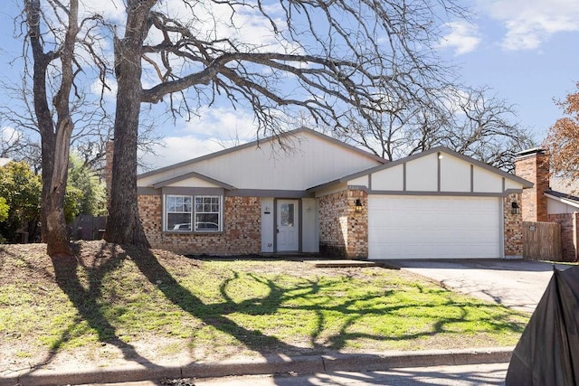 ranch-style home with driveway, a garage, fence, and brick siding