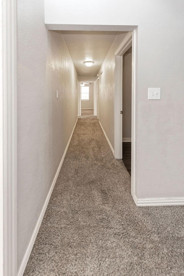 hallway featuring carpet and baseboards