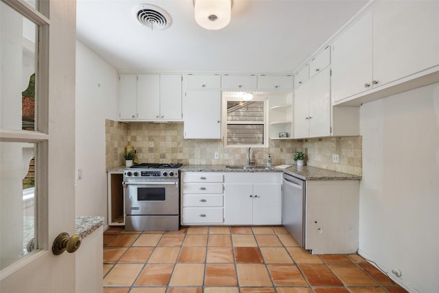 kitchen with sink, backsplash, stainless steel appliances, and white cabinets