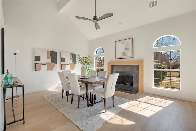 dining space featuring high vaulted ceiling, a tiled fireplace, ceiling fan, beam ceiling, and light hardwood / wood-style flooring