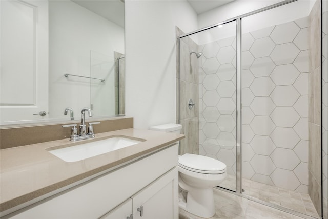 bathroom with walk in shower, vanity, toilet, and tile walls