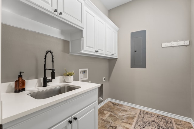 clothes washing area with sink, electric dryer hookup, hookup for a washing machine, electric panel, and cabinets