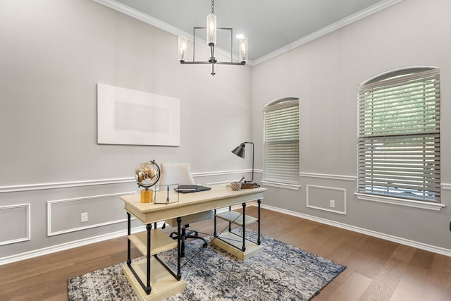 office featuring crown molding, dark hardwood / wood-style floors, and a chandelier