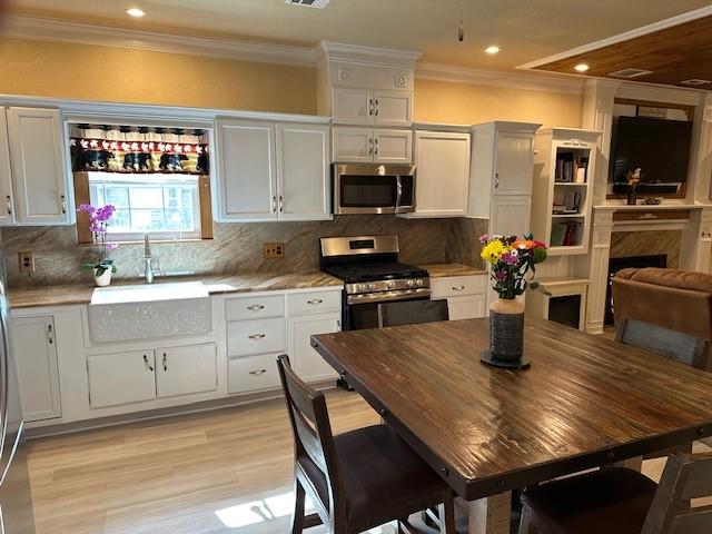 kitchen featuring white cabinetry, backsplash, stainless steel appliances, and sink