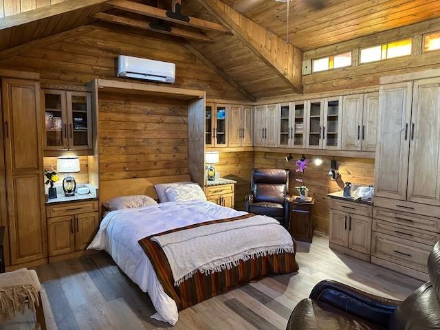 bedroom with lofted ceiling, dark wood-type flooring, wooden walls, a wall mounted air conditioner, and wooden ceiling