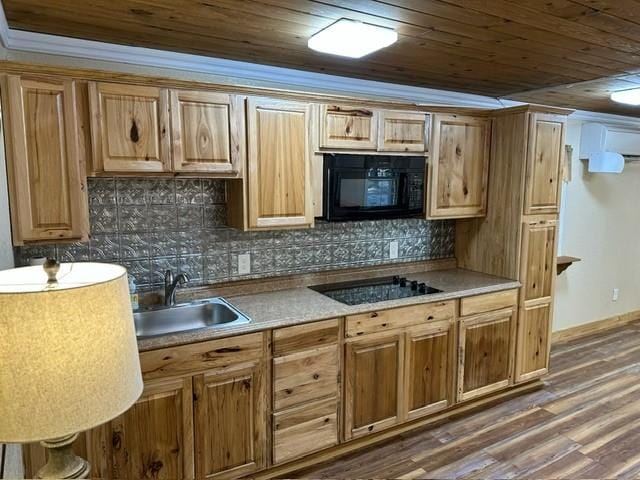 kitchen with sink, decorative backsplash, wood ceiling, black appliances, and dark wood-type flooring